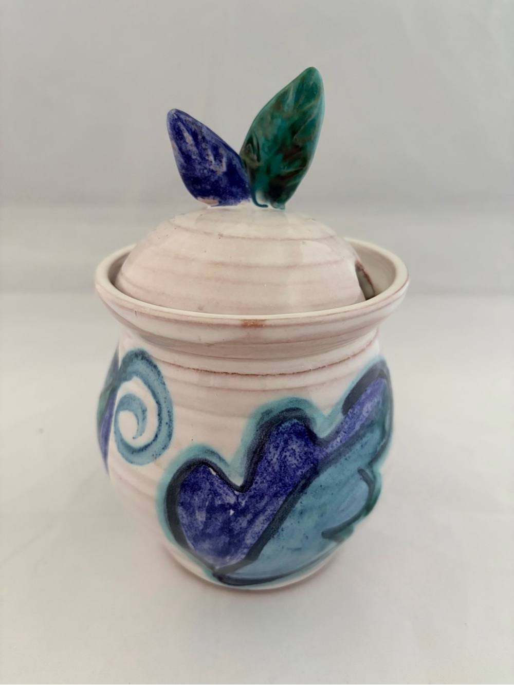 Studio Art Pottery Sugar Bowl/Honey Pot by Molly Cantor with Leaf Lid